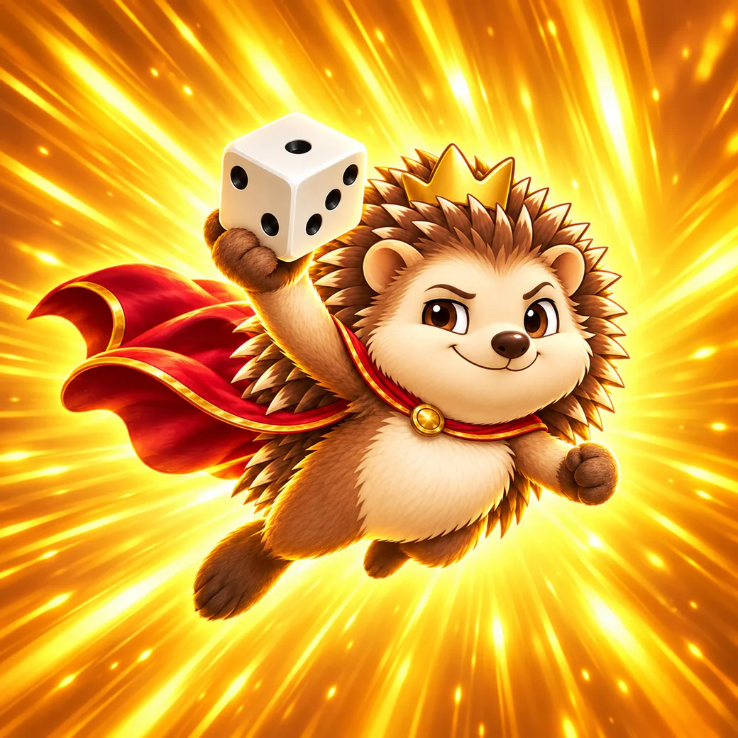 A crowned hedgehog in a red cape flying in with a die raised overhead