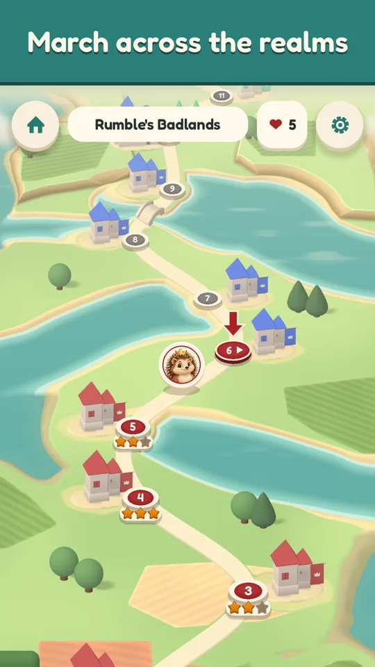 The world map, a road of numbered levels through farmland, each cleared one on a plate of the stars it won.