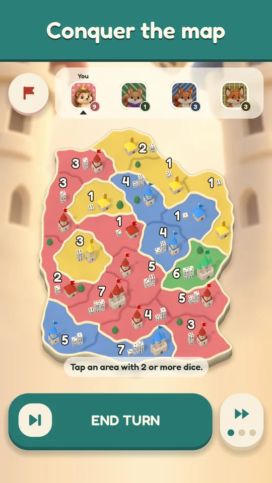 An island map in four colours mid-match, the player's red land poised to push on with a stack of seven dice on a rival border.