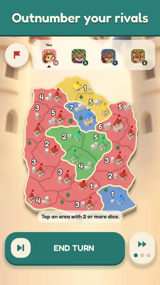 The same match a few turns later, the player's red territories spread across most of the map.
