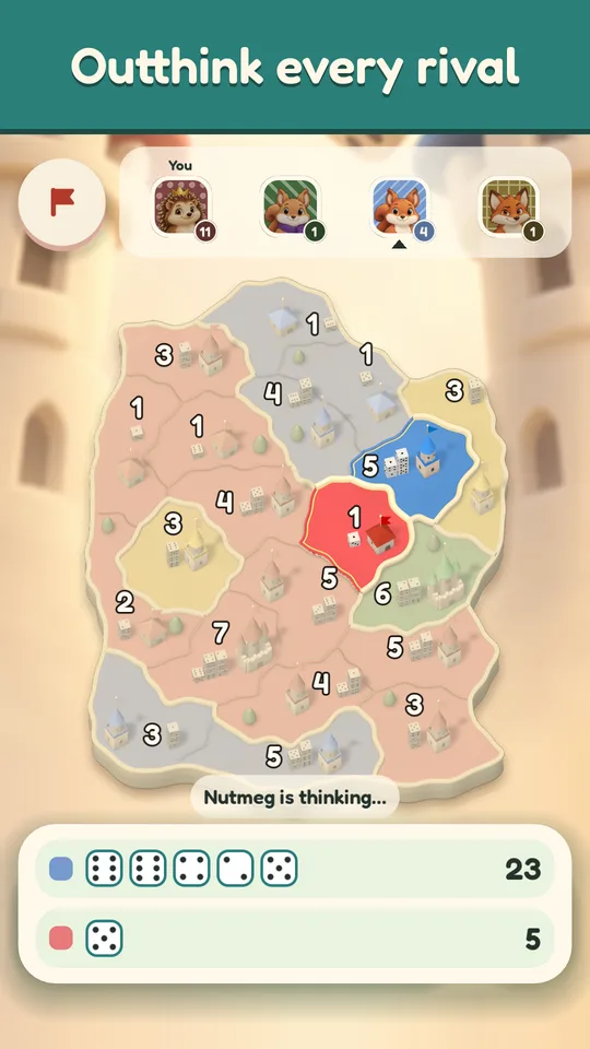 A rival lord's turn, its stack of dice attacking one of the player's territories.