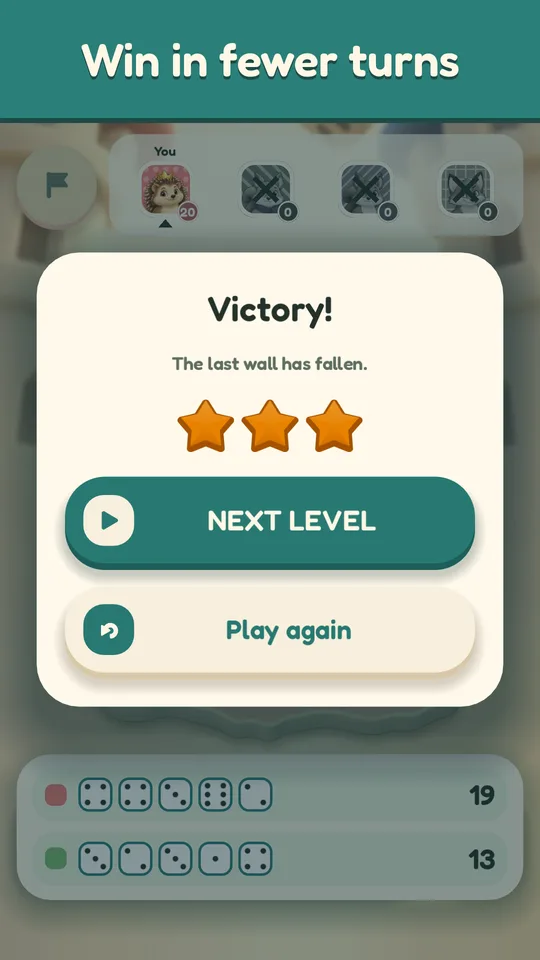The victory panel over the conquered map, three stars earned for a fast win.